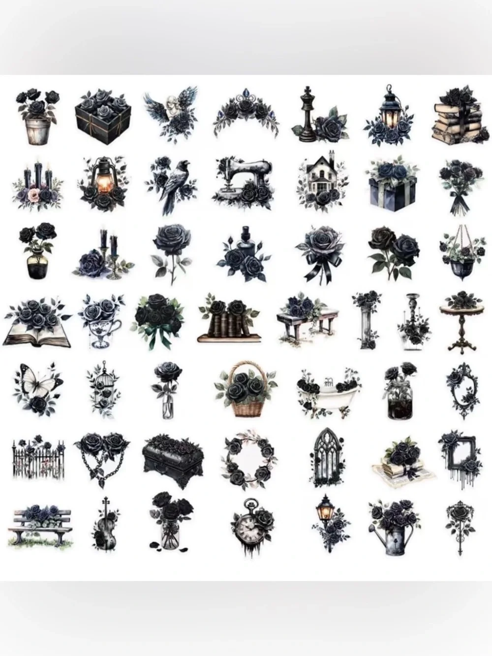 Gothic Black Rose PET Stickers Set of 20 Waterproof Journal Scrapbook Decor 🗝️